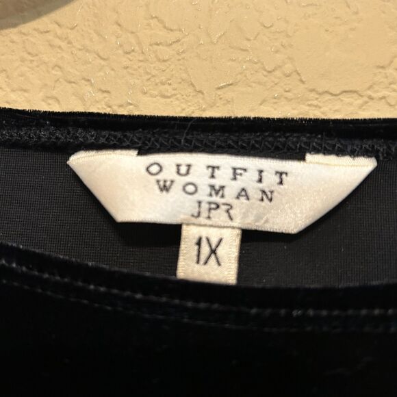 Vintage Black Velvet Boat Neck Top Womens  1X 3/4 Sleeve Embroidered Floral - Picture 5 of 7